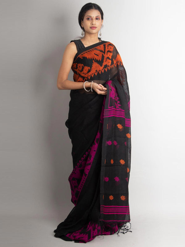 Linen Jamdani Saree with Ganga Jamuna Border - 0001 Saree Rana Das   