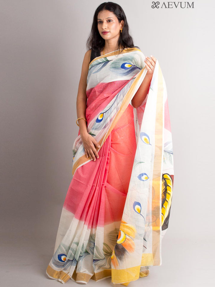 Kerala Cotton Hand Painted Saree with Blouse Piece - 0390 Saree AEVUM