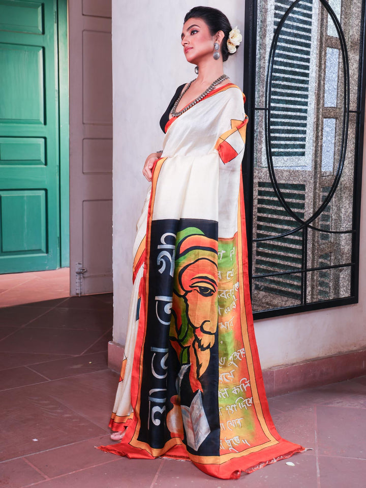 Murshidabad Hand Painted Pure 3 ply Silk Saree - 0474 Saree AEVUM