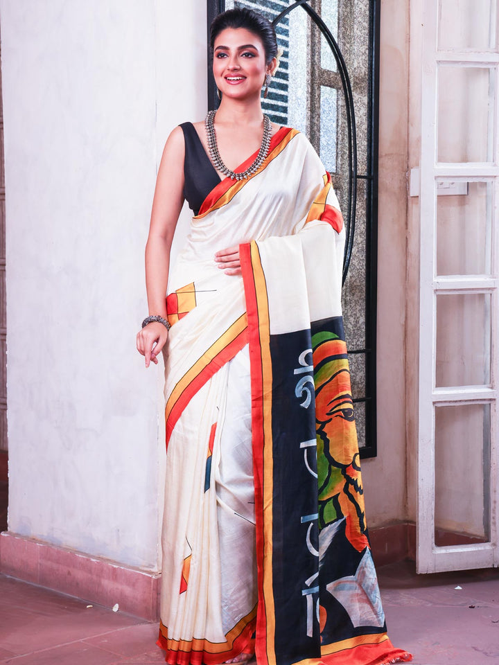 Murshidabad Hand Painted Pure 3 ply Silk Saree - 0474 Saree AEVUM