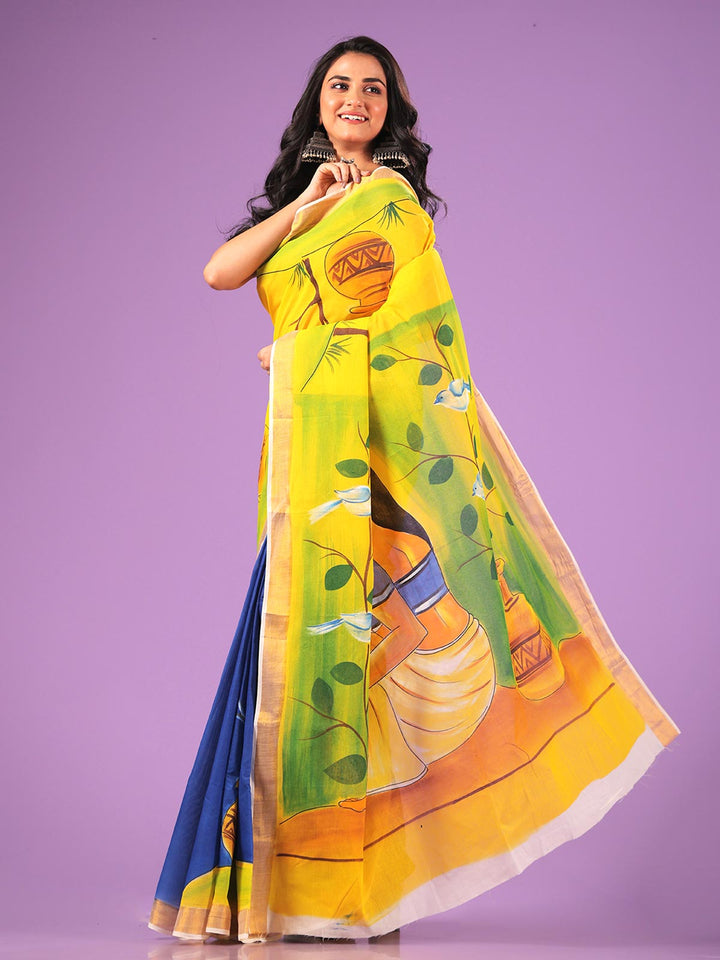 Kerala Cotton Hand Painted Saree with Blouse Piece - 0683 Saree AEVUM