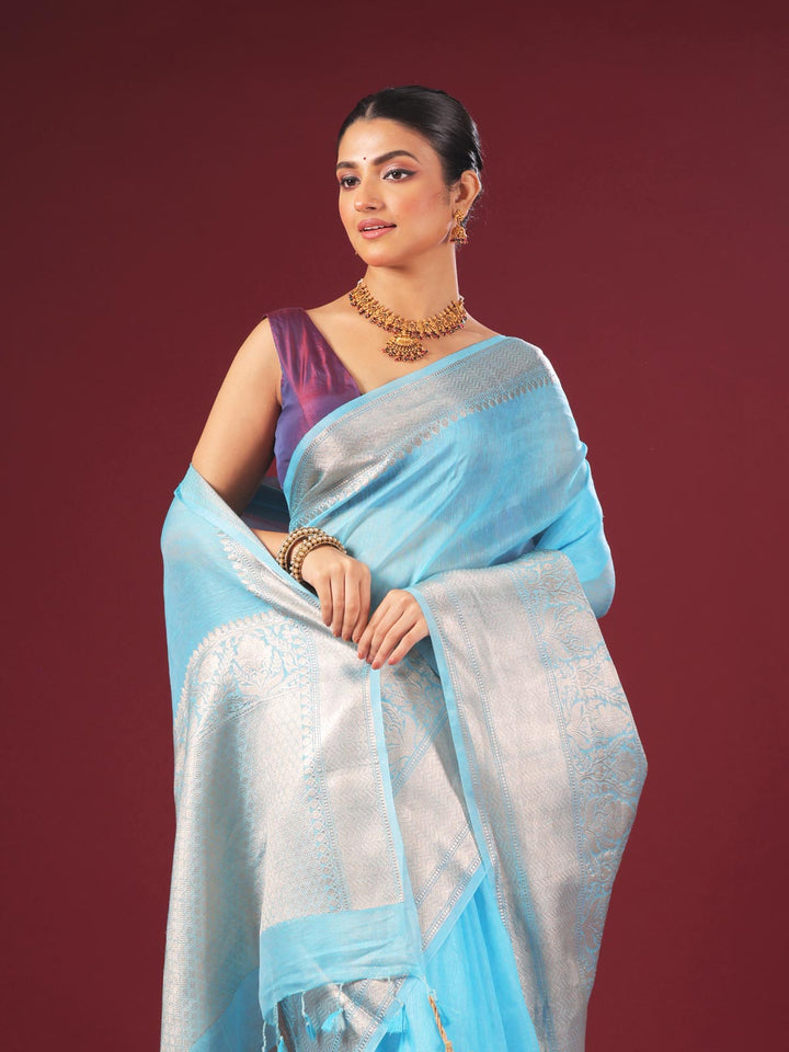 Silk Linen Banarasi Handloom Saree With Silk Mark - 0704 Saree AEVUM