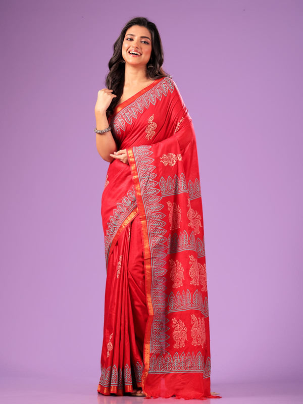 Katan Madhubani Silk Saree with Blouse Piece - 10808 Saree AEVUM