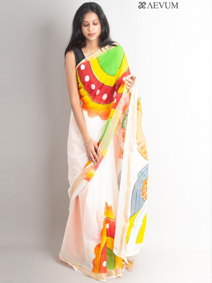 Kerala Cotton Hand Painted Saree with Blouse Piece - 1111 Saree AEVUM