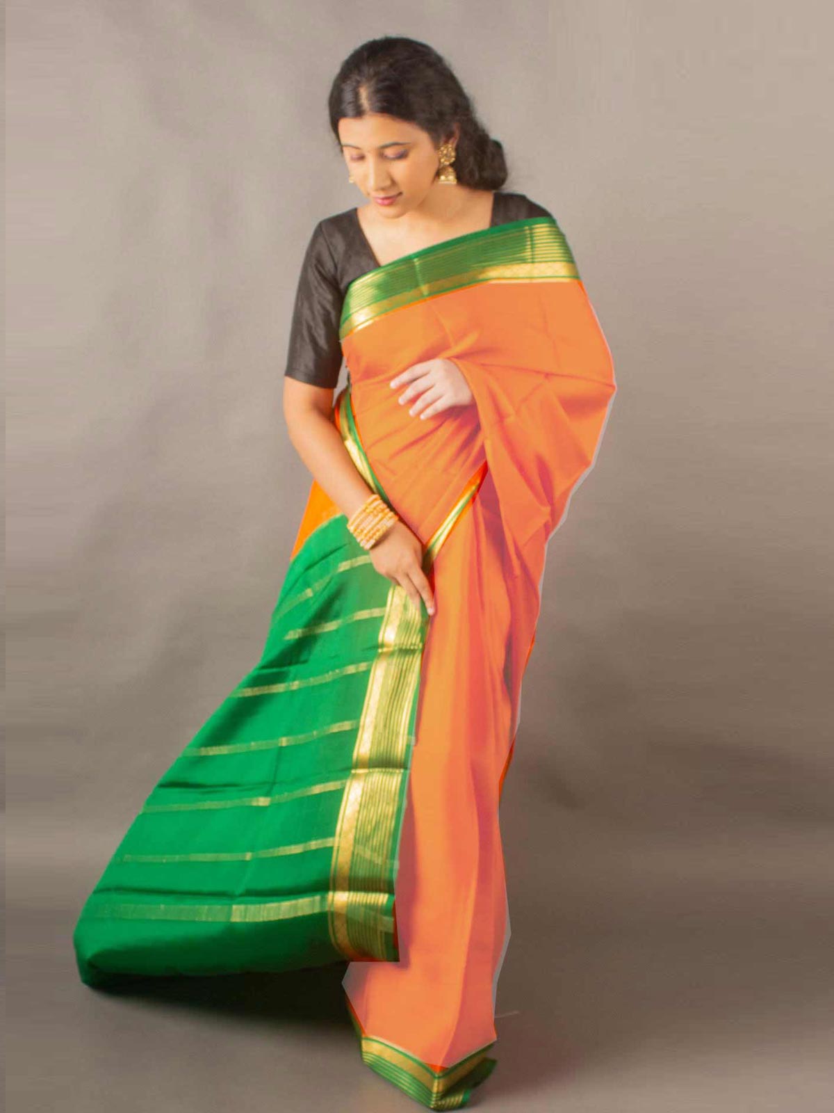 Buy Parrot Green Mysore Silk Crepe Saree With Blouse Piece