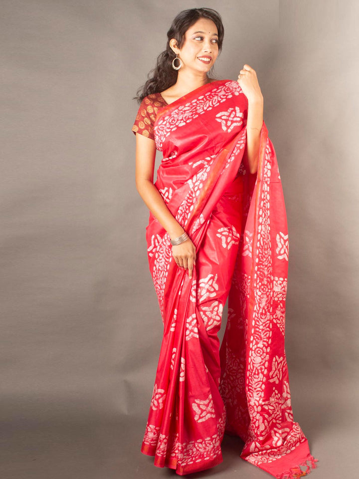 Katan Silk Saree with Batik Print-11261 Saree AEVUM   