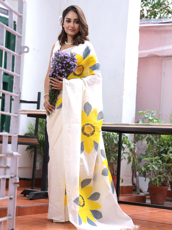 Floral Design Tant Hand Painted Cotton Saree with Blouse Piece -11304 Saree Joydeep Ganguly   