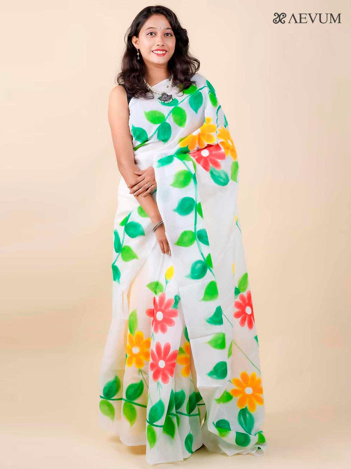 Floral Hand Painted Tant Cotton Saree - 11306 Saree Joydeep Ganguly   