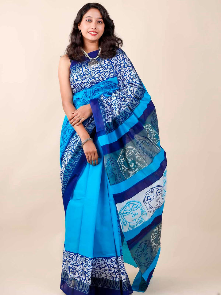 Mulmul Cotton Hand Block Printed Saree - 11413 Saree AEVUM