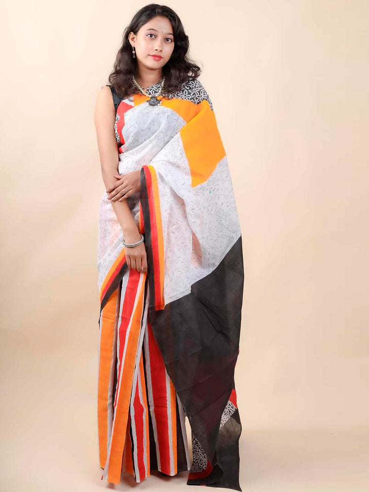 Mulmul Cotton Hand Block Printed Saree - 11418 Saree AEVUM