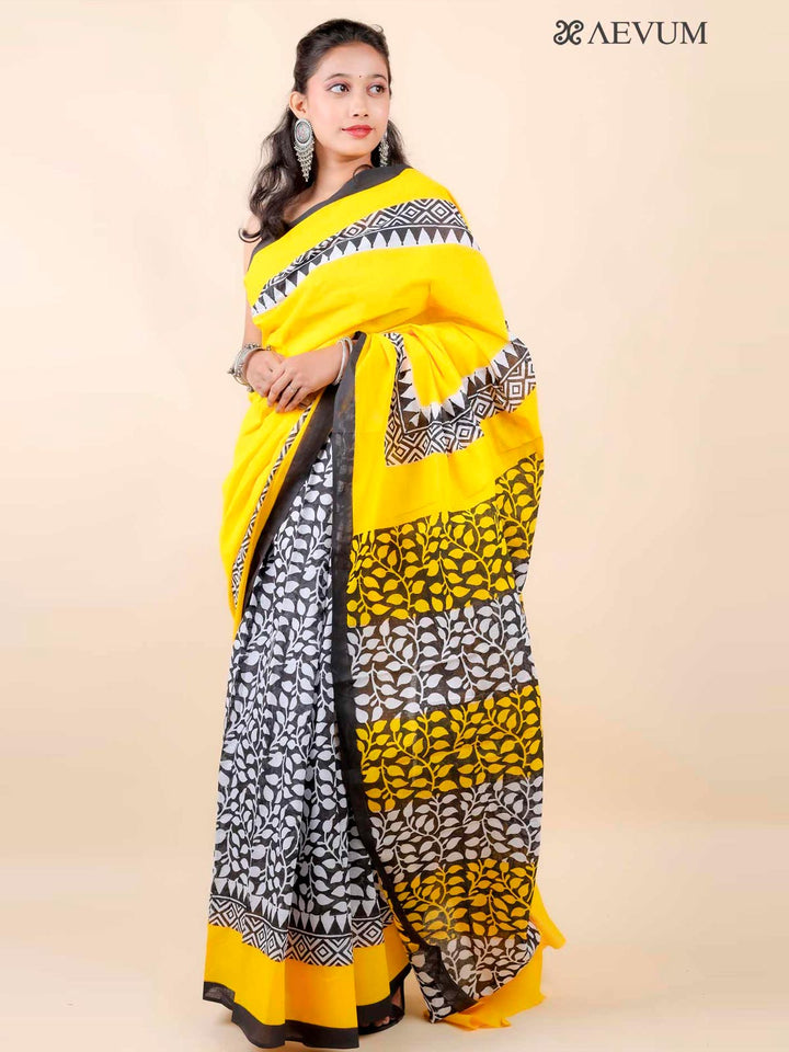 Mulmul Cotton Hand Block Printed Saree - 11420 Saree AEVUM