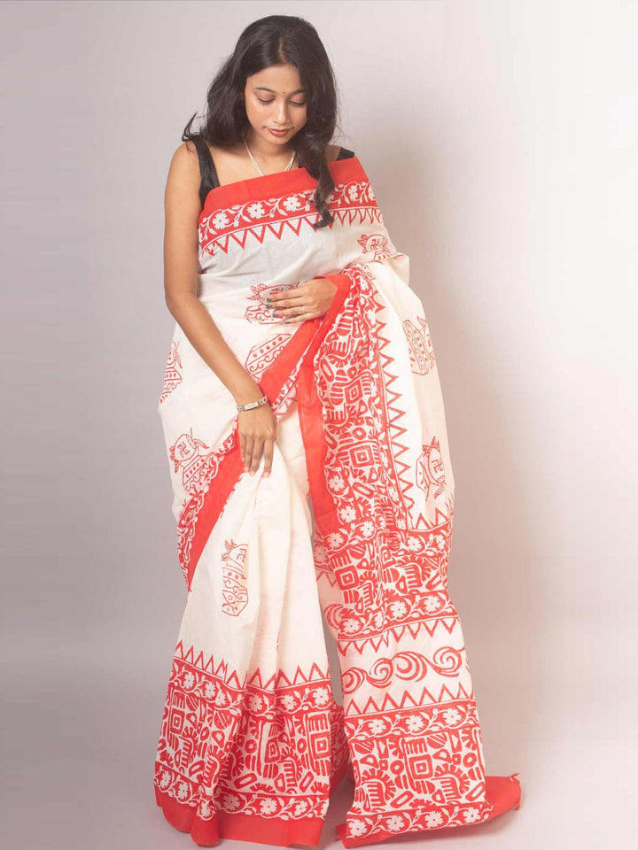 Tant Block Printed Cotton Saree - 14659 Saree Joydeep Ganguly