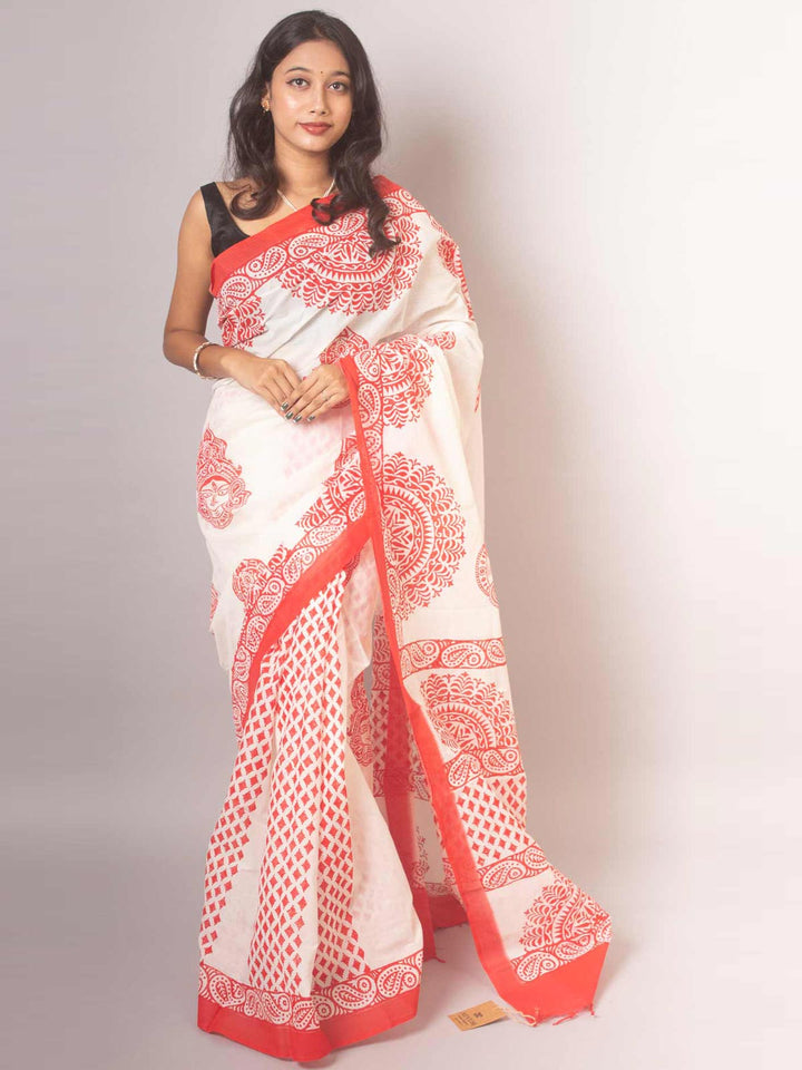 Tant Block Printed Cotton Saree without Blouse Piece -14664 Saree AEVUM