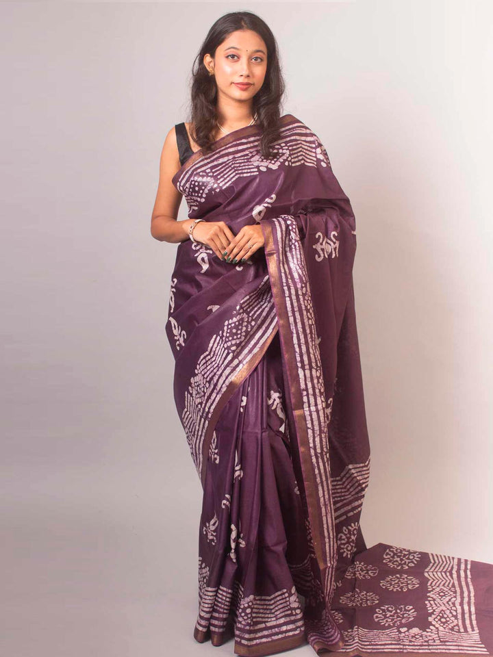 Katan Silk Saree with Batik Print - 14856 Saree AEVUM   