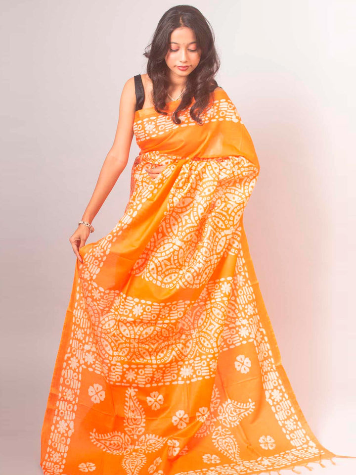 Katan Silk Saree with Batik Print - 14858 Saree AEVUM   