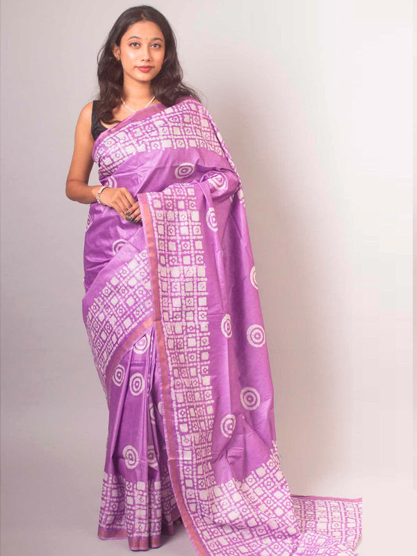 Katan Silk Saree with Batik Print - 14860 Saree AEVUM   