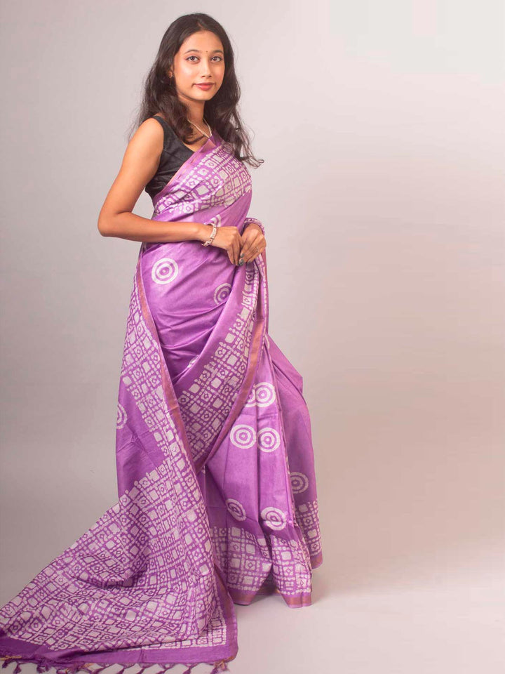 Katan Silk Saree with Batik Print - 14860 Saree AEVUM   