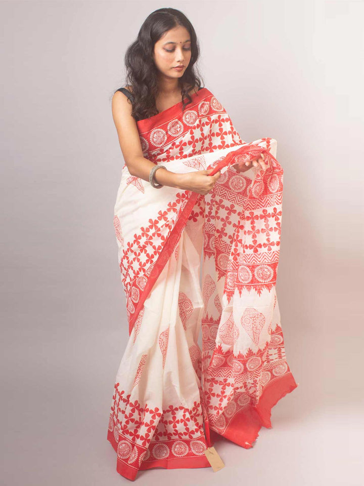 Tant Block Printed Cotton Saree - 15840 Saree Joydeep Ganguly