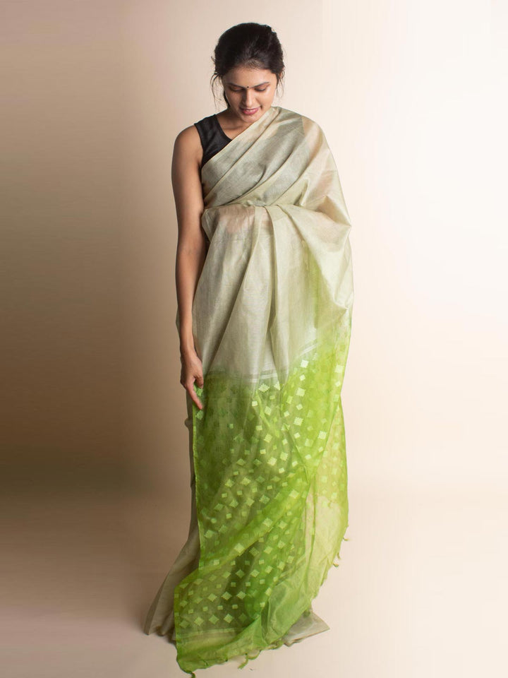 Katan Silk Saree with Blouse Piece - 1612 Saree AEVUM Cream and Green