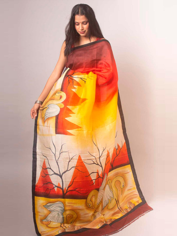 Bishnupur Hand Painted Pure Silk Saree with Silk Mark - 17050 Saree AEVUM   