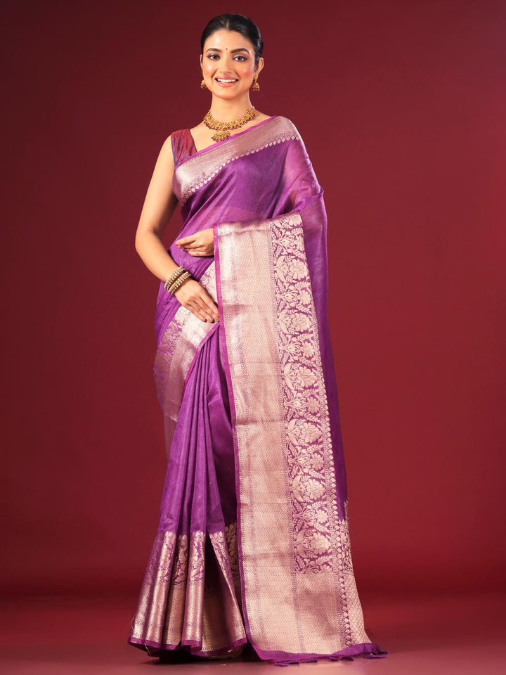 Silk Linen Banarasi Handloom Saree with Silk Mark - 17830 Saree AEVUM