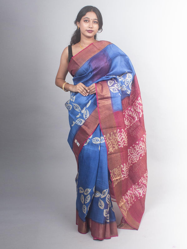 Zari Tussar Silk Saree Hand Block Printed with Silk Mark - 1787 Saree Pinky Sen