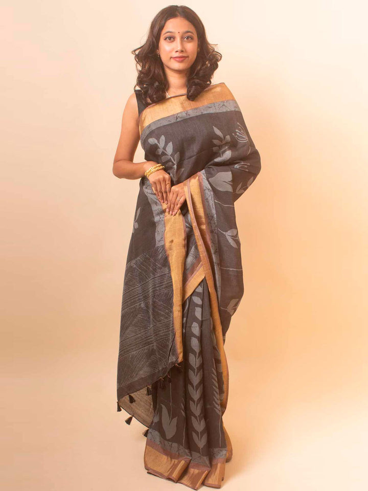 Zari Tussar Silk Saree with Digital Print - 18365 Saree AEVUM   