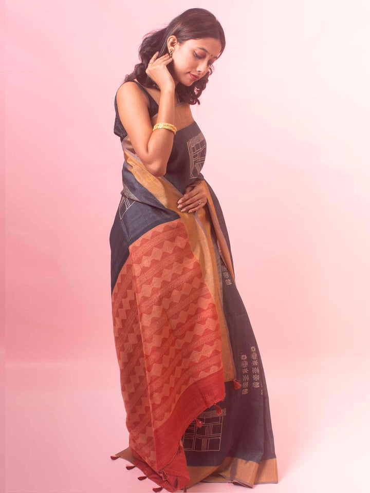 Zari Tussar Silk Saree with Digital Print - 18369 Saree Manjunatha   