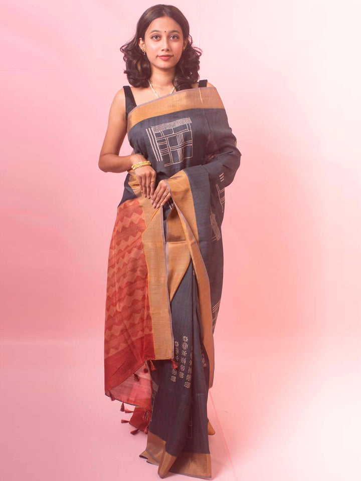 Zari Tussar Silk Saree with Digital Print - 18369 Saree Manjunatha   