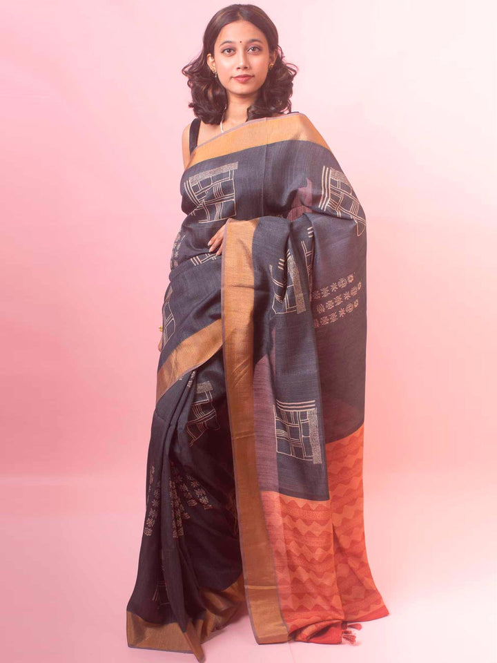 Zari Tussar Silk Saree with Digital Print - 18369 Saree Manjunatha   