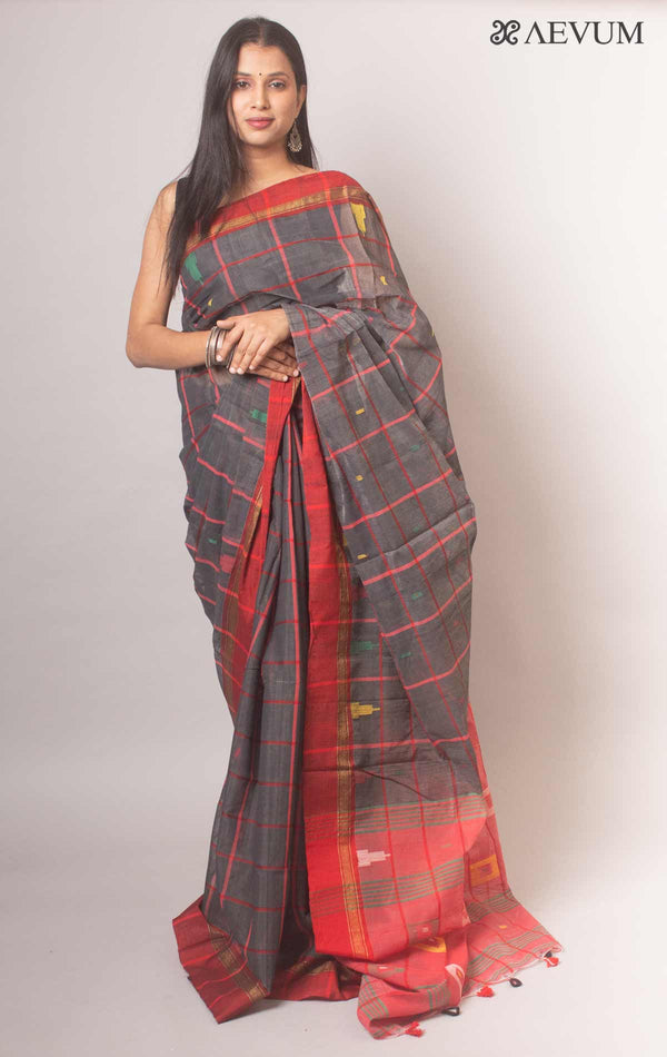 Cotton Silk Jamdani with Contemporary Checks - 18678 Saree Riya's Collection   