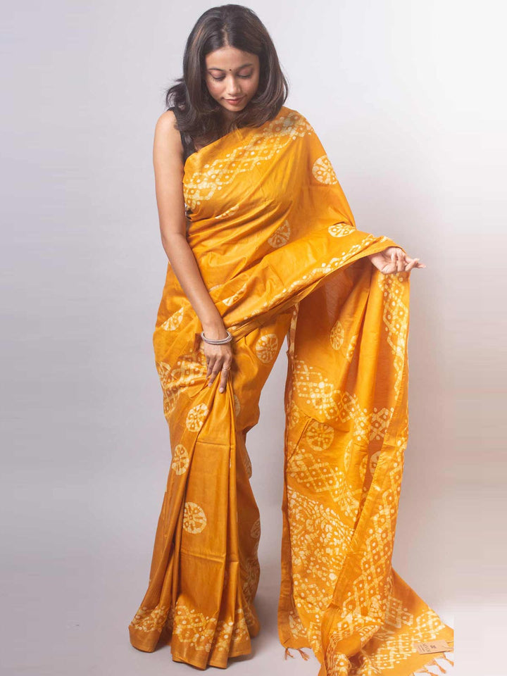 Katan Silk Saree with Batik Print - 19349 Saree AEVUM   