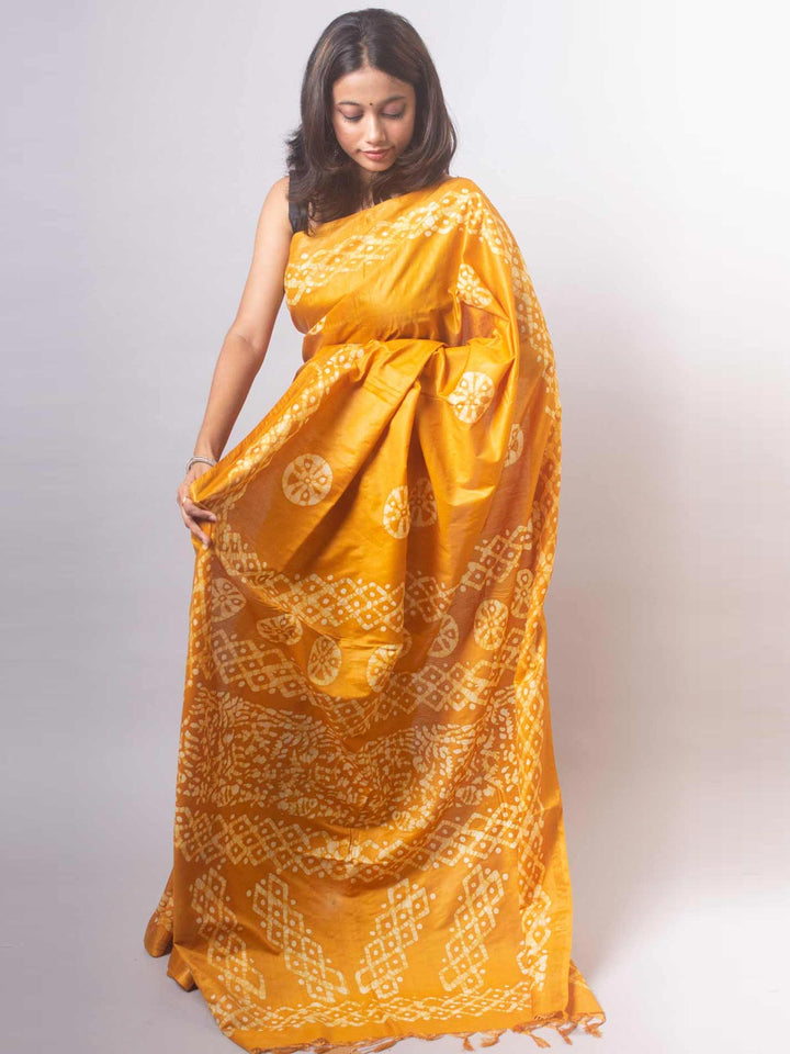 Katan Silk Saree with Batik Print - 19349 Saree AEVUM   