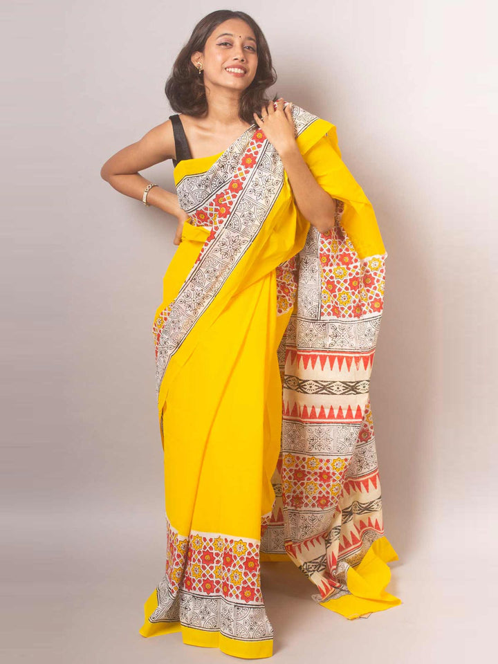 Mulmul Cotton Hand Block Printed Saree - 19443 Saree Joydeep Ganguly