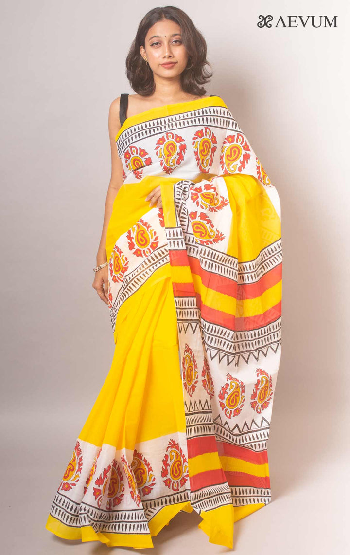 Mulmul Cotton Hand Block Printed Saree - 19445 Saree Joydeep Ganguly   