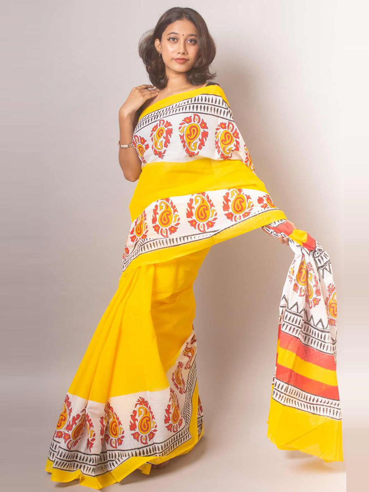 Mulmul Cotton Hand Block Printed Saree - 19445 Saree Joydeep Ganguly