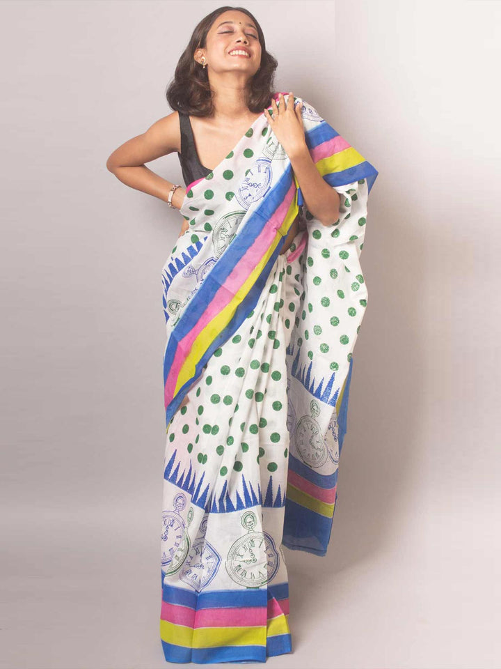 Mulmul Cotton Hand Block Printed Saree - 19467 Saree Joydeep Ganguly