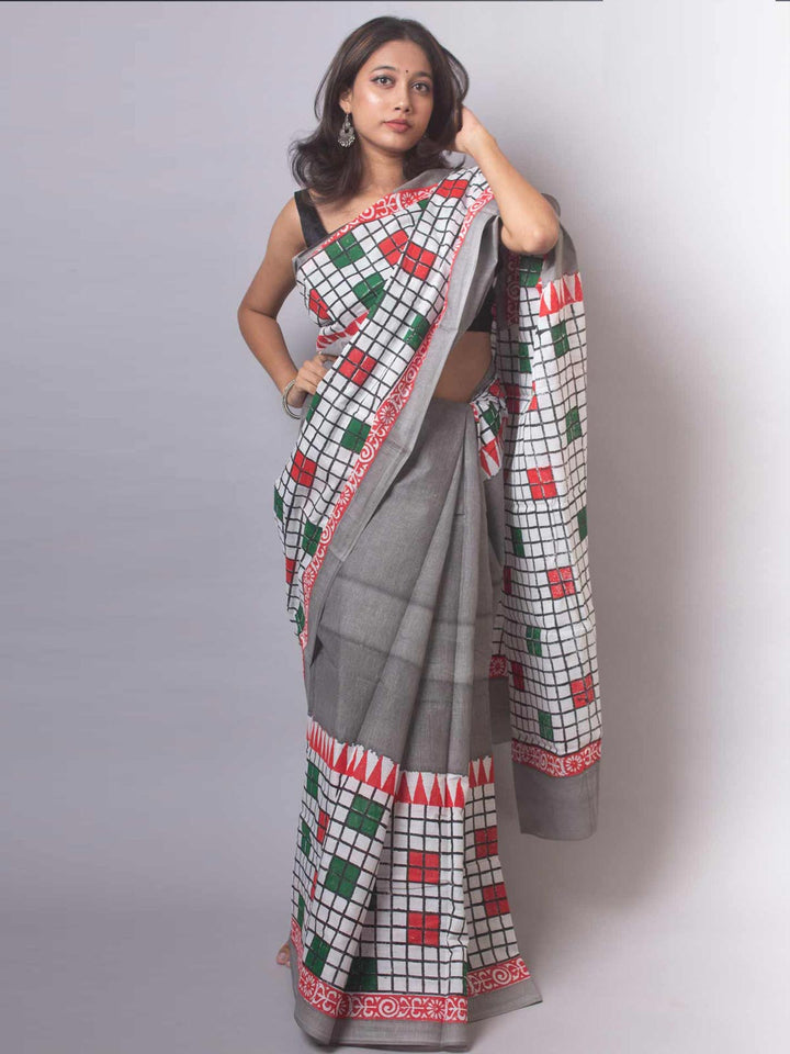 Mulmul Cotton Hand Block Printed Saree - 19469 Saree Joydeep Ganguly