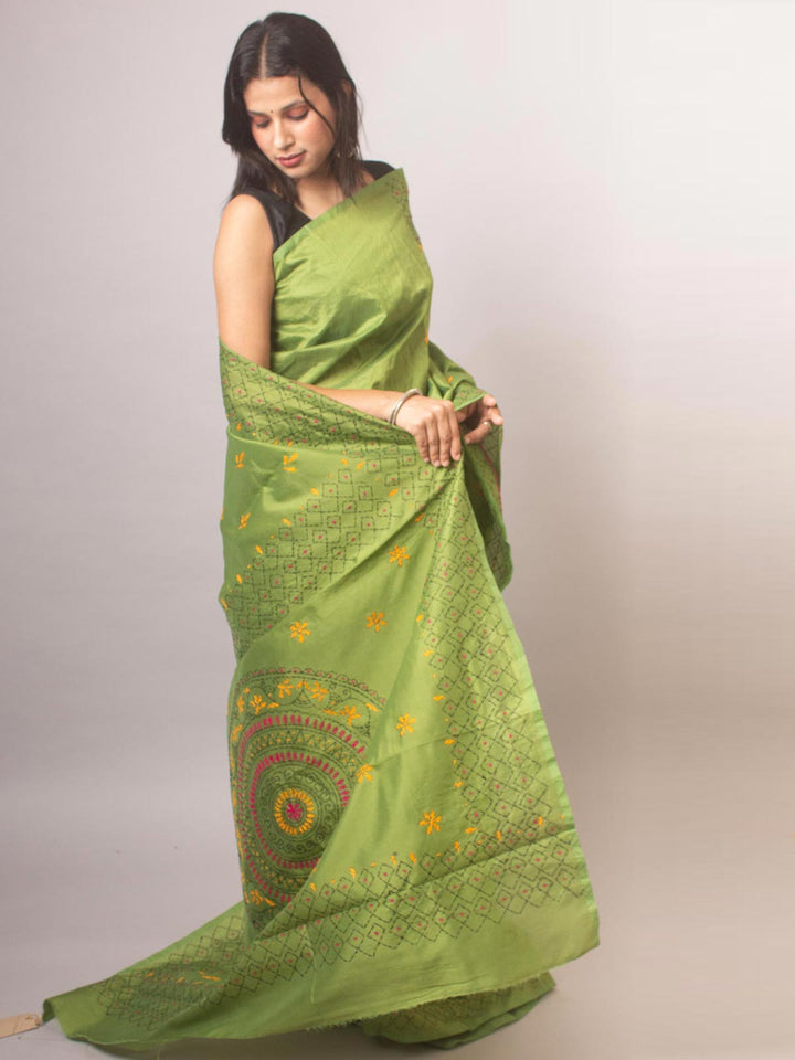 Kantha Stitch Semi-Silk Saree - 19782 Saree AEVUM