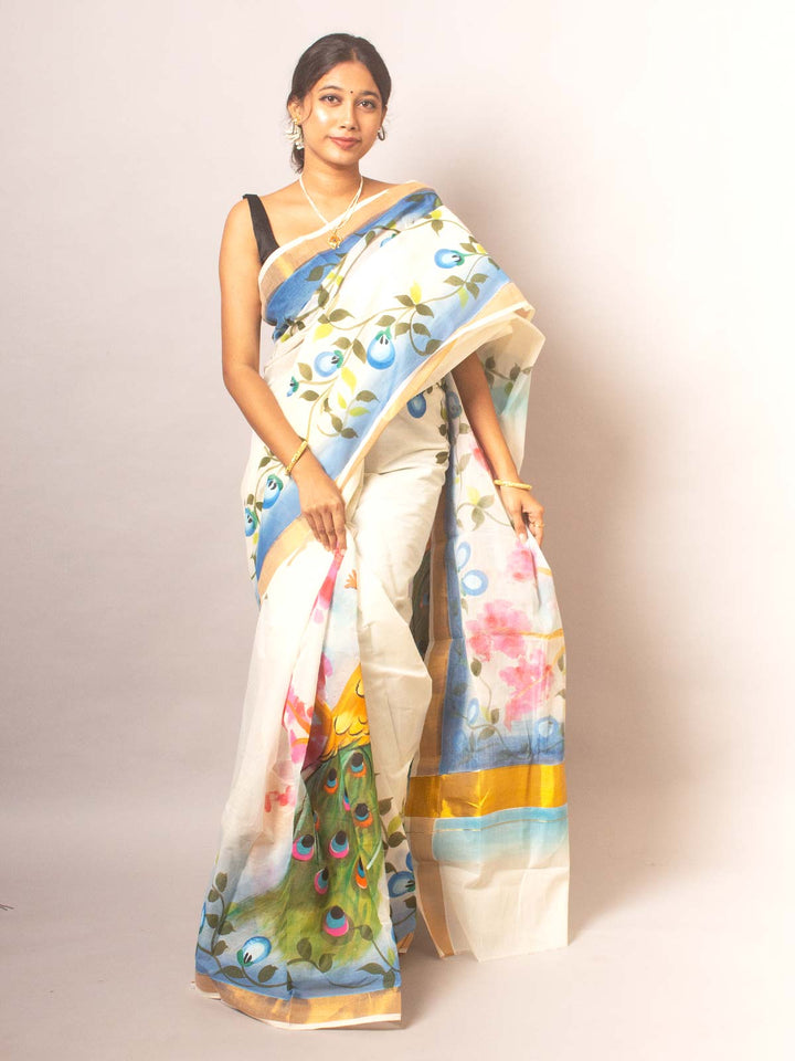 Kerala Cotton Hand Painted Saree - 20320 Saree AEVUM   