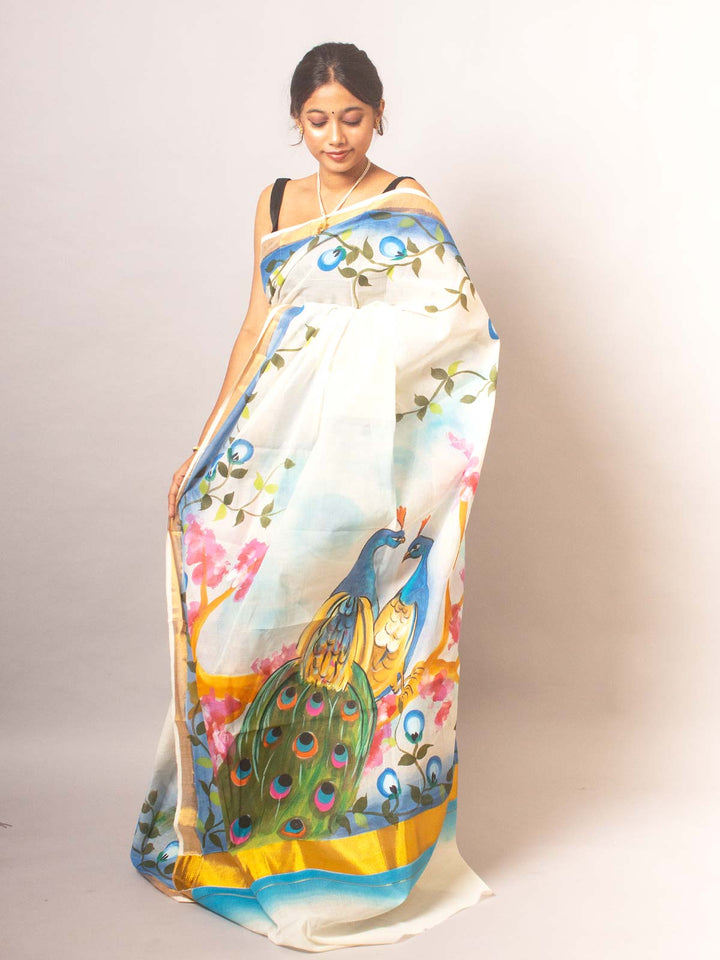 Kerala Cotton Hand Painted Saree - 20320 Saree AEVUM   