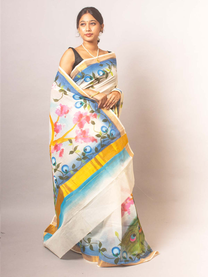 Kerala Cotton Hand Painted Saree - 20320 Saree AEVUM   