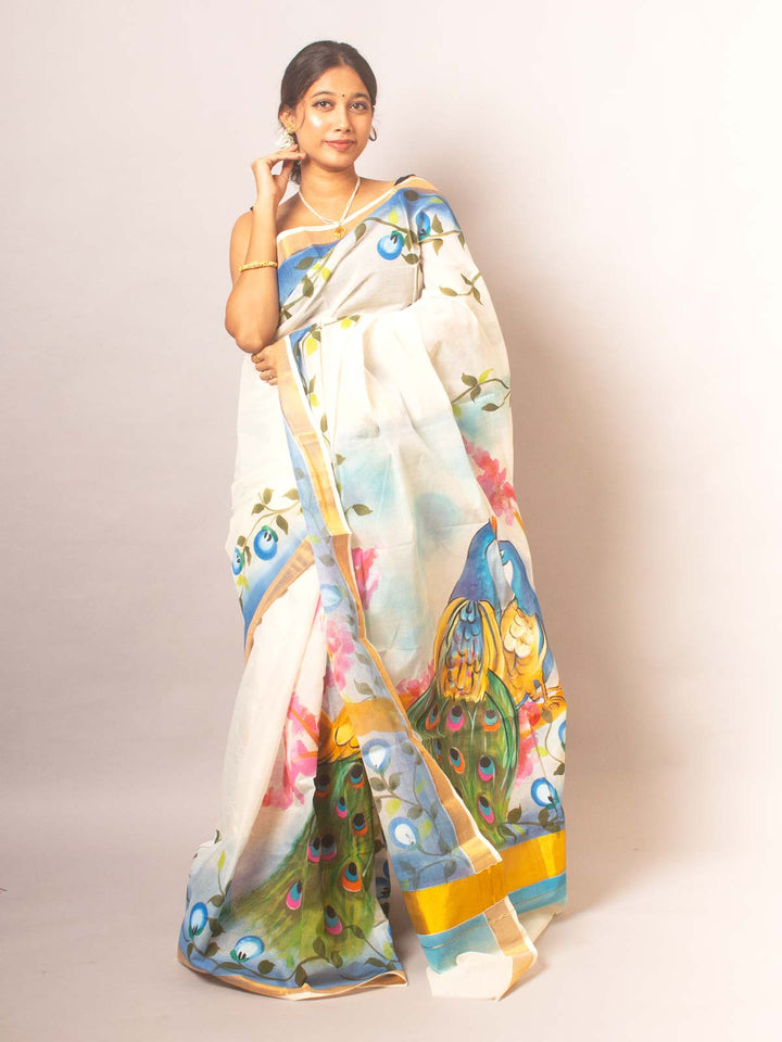 Kerala Cotton Hand Painted Saree - 20320 Saree AEVUM   