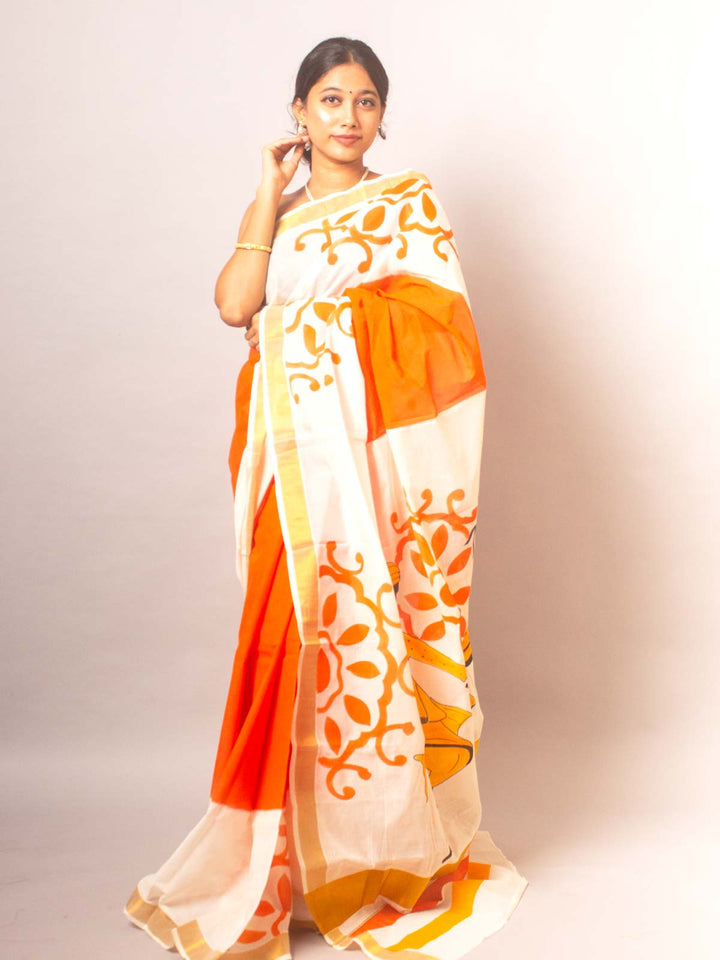 Kerala Cotton Hand Painted Saree - 20326 Saree AEVUM   