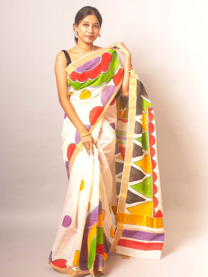 Kerala Cotton Hand Painted Saree - 20334 Saree AEVUM   