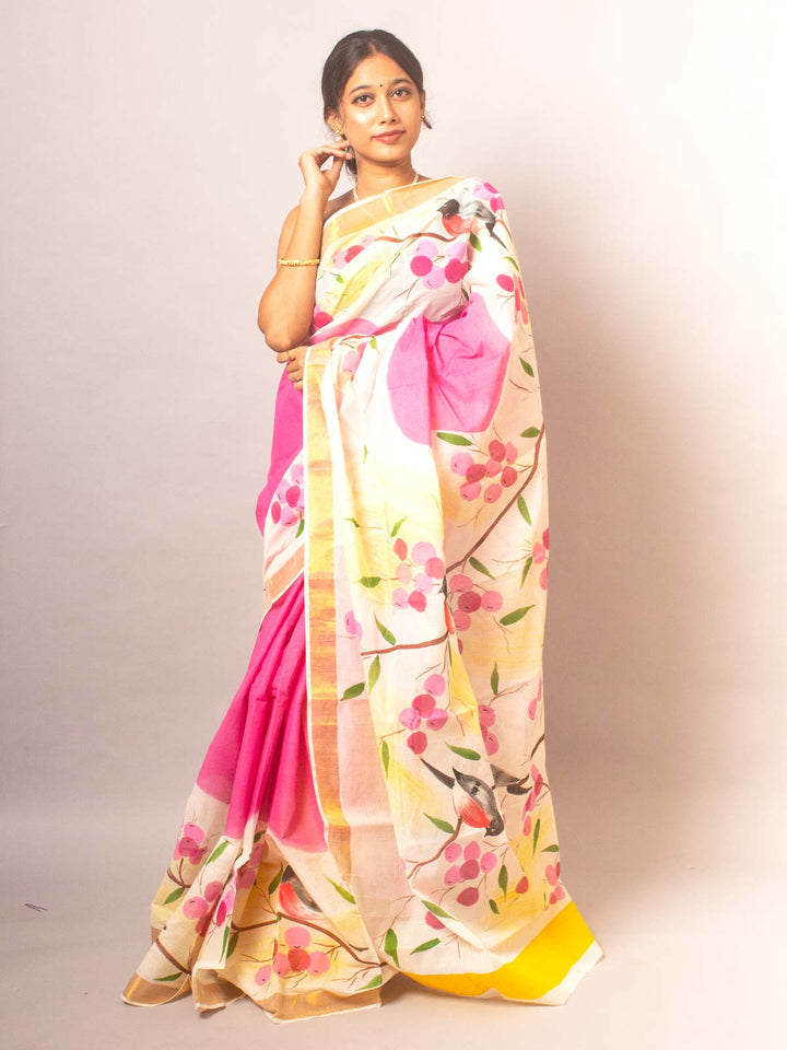 Kerala Cotton Hand Painted Saree - 20337 Saree AEVUM