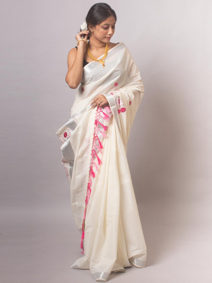 Kerala Cotton Embroidered Saree - 20395 Saree AEVUM   