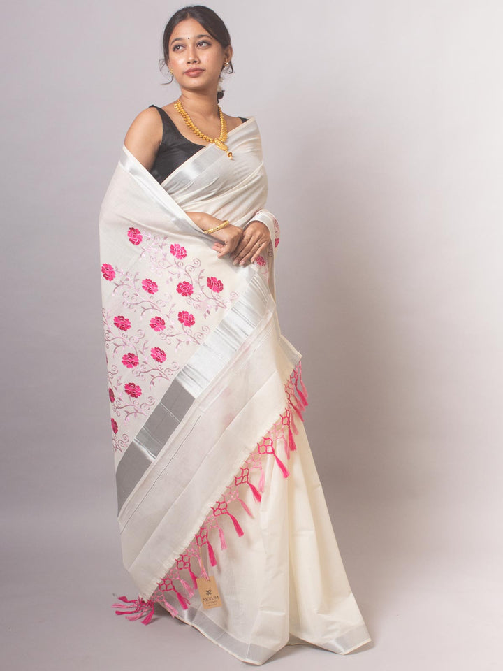 Kerala Cotton Embroidered Saree - 20395 Saree AEVUM   