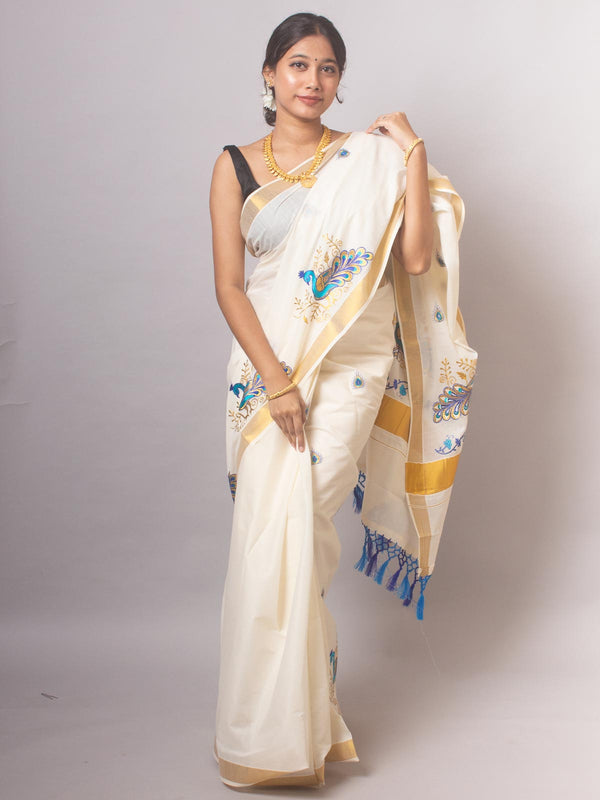 Kerala Cotton Embroidered Saree - 20398 Saree AEVUM   