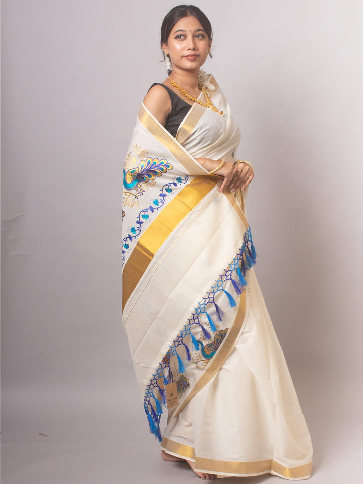 Kerala Cotton Embroidered Saree - 20398 Saree AEVUM   